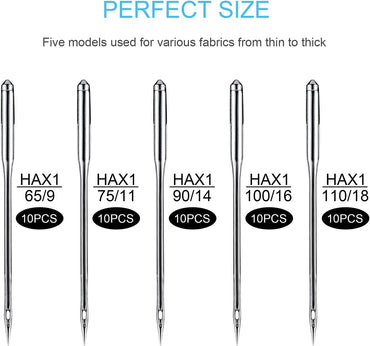 Sewing Machine Needles, 50 PCS Universal Sewing Machine Needle, Compatible with Singer, Brother, Janome, Varmax, Sizes HAX1 65/9, 75/11, 90/14, 100/16, 110/18 (50 PCS)