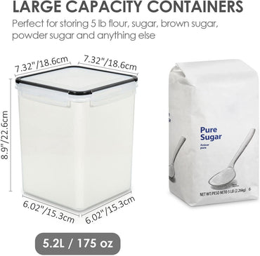 Vtopmart 4 PCS Large Food Storage Containers 5.2L / 175oz, 4 Pieces BPA Free Plastic Airtight Canisters for Flour, Sugar, Baking Supplies, Rice with Lids, 4 Measuring Cups and 24 Labels, Black