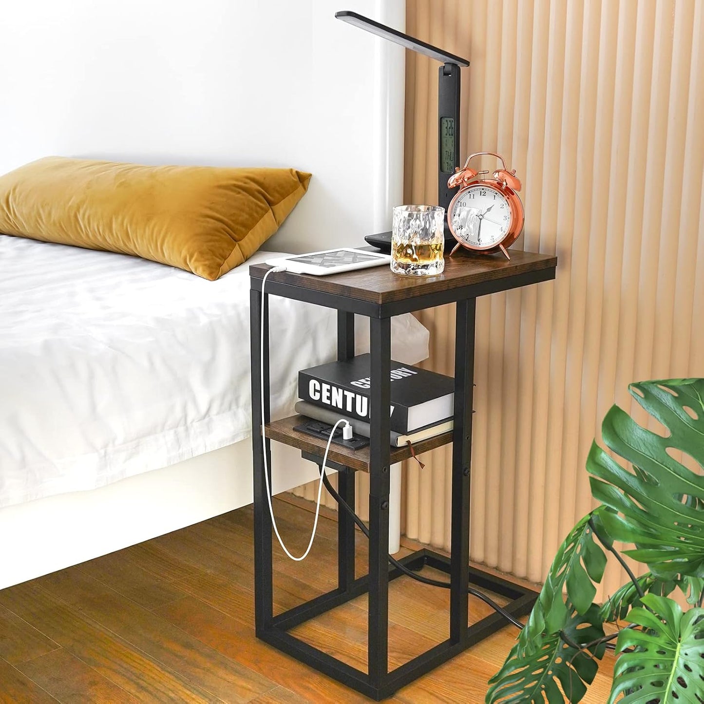 Yoobure C Shaped End Table with Charging Station, Small Side Table for Sofa๏ผ26" Tall Tv Tray Couch Table with Storage,Bedside Table with USB Ports and Outlets for Living Room, Bedroom, Rustic Brown