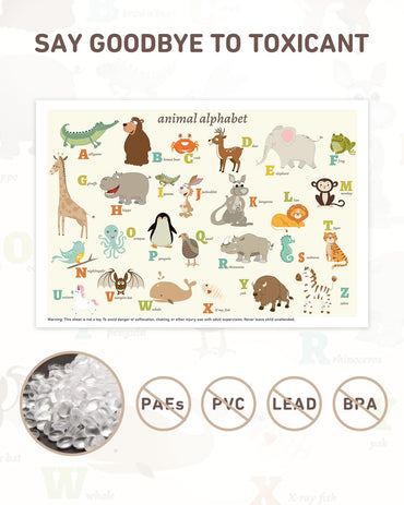 Babebay Disposable Stick-on Placemats 40 Pack for Baby & Kids & Toddler, Sticky Placemats Restaurant Table Mats 12" x 18" (Animal Alphabet)