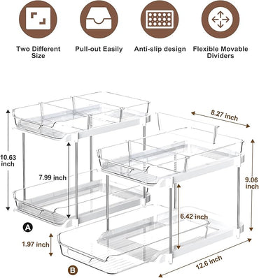 Delamu 2-Tier Multi-Purpose Bathroom Under Sink Organizers and Storage, Stackable Kitchen Pantry Organization, Pull Out Medicine Cabinet Organizer with Movable Dividers, White, 2 Pack