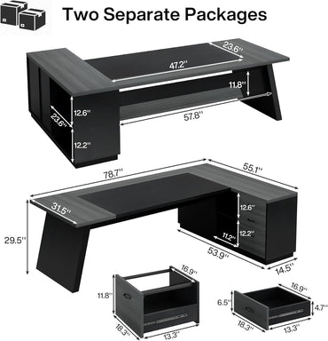 Tribesigns 78" L-Shaped Executive Desk, Large Modern Office Desk with Drawers and Lateral File Cabinet, Business Furniture with Storage Shelves, Big Computer Desk for Home Office (Grey + Blcak)