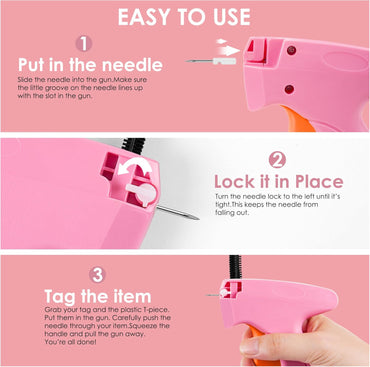 Stitch Gun for Clothes - Handheld Stitch Gun Quick Clothing Fixer - Tagging Gun - Includes 6 Needle, 1000 Black Fasteners & 1000 White Fasteners (Pink/Orange)