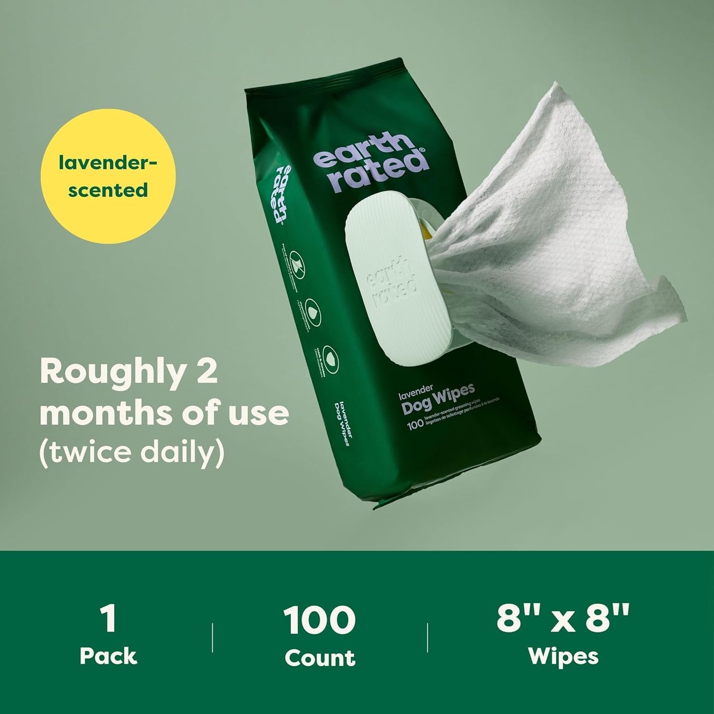 Earth Rated Dog Wipes, Hypoallergenic, Cleaning and Hydrating, for Grooming Paws, Body and Bums, Lavender Scented, 100 Count
