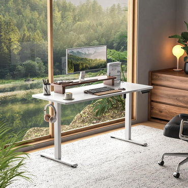 Veken 55 Inch Large Electric Standing Desk,Sit to Stand Up, Heights Adjustable, Work Home Office Computer Table for Study, Walking Pad, Writing, and Games, Wooden Desktop Desks, White