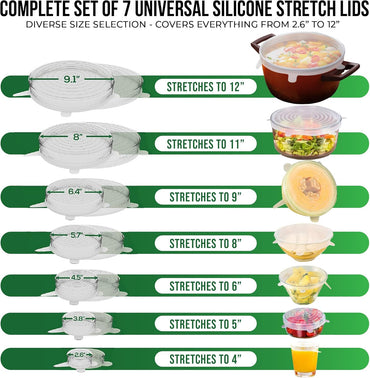 Reusable Silicone Stretch Lids for Food Storage in Fridge - Elastic Heat-Resistant Bowl Covers, Cups, Cans, Jars - Universal Food Grade Lid for Round and Rectangle Containers - Dishwasher Safe -7 Pack