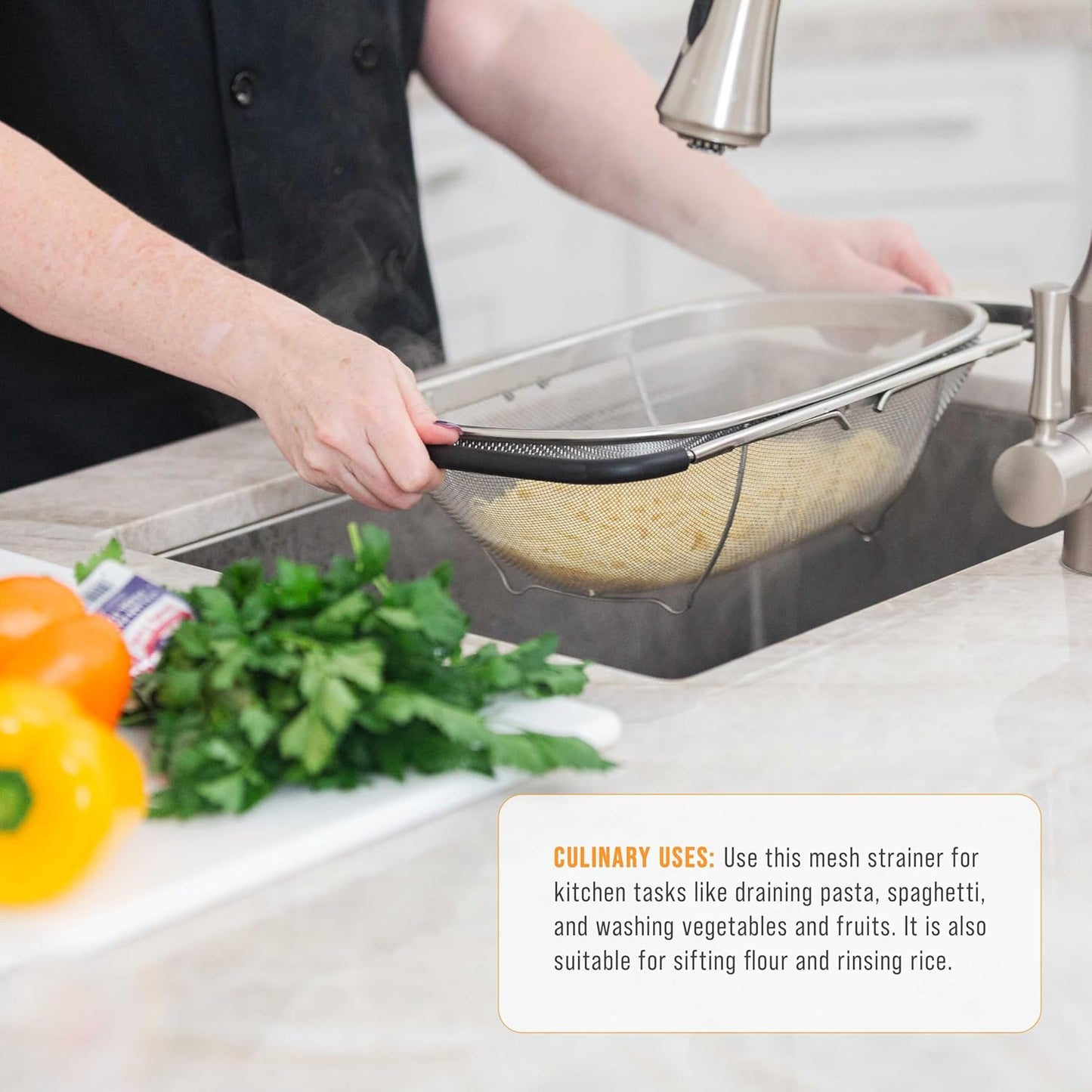 U.S. Kitchen Supply Stainless Steel Colander Strainer - 6-Quart Collapsible Colander with Expandable Rubber Handles - Rectangular Sieve, Fine Mesh Stainless Steel Strainers and Colanders for Kitchen