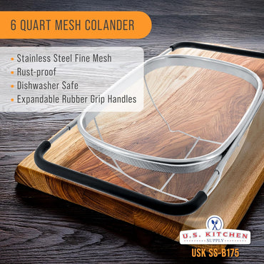 U.S. Kitchen Supply Stainless Steel Colander Strainer - 6-Quart Collapsible Colander with Expandable Rubber Handles - Rectangular Sieve, Fine Mesh Stainless Steel Strainers and Colanders for Kitchen