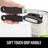 GORILLA GRIP Heavy Duty Stainless Steel Smooth Edge Manual Can Opener, Soft Comfortable Handle, Large Handheld Turn Knob, Built-In Bottle Openers, US Designed, Holiday Prep Kitchen Essential, Black