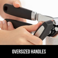 GORILLA GRIP Heavy Duty Stainless Steel Smooth Edge Manual Can Opener, Soft Comfortable Handle, Large Handheld Turn Knob, Built-In Bottle Openers, US Designed, Holiday Prep Kitchen Essential, Black