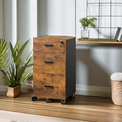DEVAISE 3 Drawer Rolling File Cabinet with Lock, Wood Filing Cabinet fits Letter / A4 Size for Home Office, Rustic Brown