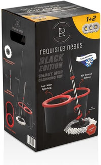 Requisite Needs Smart mop cleaning set – Black edition – Anti-splashing Strong And Sturdy Material – Easy Floor Moping System – 1x Bucket + 3 Replacement Mop Heads – 13 Liter (Mop + Bucket)