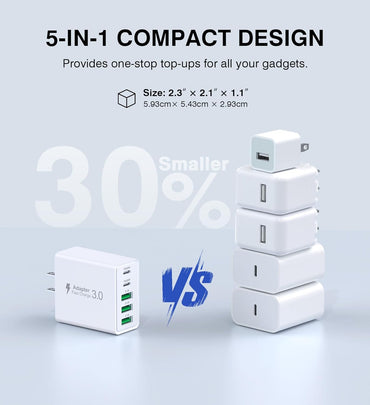 [2-Pack] USB C Wall Charger,60W 5-Port PD Fast USB C Charging Block,2USB C+3USB A Multiport Plug,Type C Power Adapter Brick Cube for iPhone 17/16/15/14/13/12/Pro Max/XS,iPad,for Switch,Samsung,Ultra 2