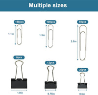 Assorted Size Binder Clips & Jumbo Paper Clips Set - 340pcs Black, Large for Office & School Supplies, in Container with Compartments