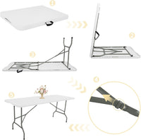 Set of 2 Folding Table 6 FT Lightweight Camping Table Portable Plastic Rectangular Outdoor Dining Table Steel Legs Fold-in-Half with Carrying Handle for Indoor,Picnic,Party,Wedding,Events(White)