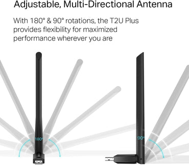 TP-Link AC600 USB WiFi Adapter for PC (Archer T2U Plus)- Wireless Network Adapter for Desktop with 2.4GHz, 5GHz High Gain Dual Band 5dBi Antenna, Supports Win11/10/8.1/8/7/XP, Mac OS 10.9-10.14, Black