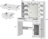 Vanity Desk with Mirror and Lights, Makeup Vanity Desk with Lights 3 Colors, Transparent Top Vanity with 2 RGB Drawers, 6 Shelves, Large Tempered Cabinet, Power Outlet, for Bedroom, White
