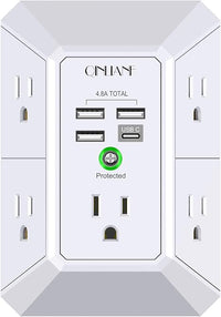 USB Wall Charger, Surge Protector, QINLIANF 5 Outlet Extender with 4 USB Charging Ports (4.8A Total) 3-Sided 1680J Power Strip Multi Plug Outlets Wall Adapter Spaced for Home Travel Office(2U2C),White