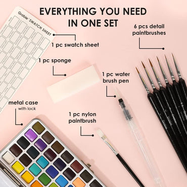 Grabie 50 Colors Watercolor Paint Set, Detail Paint Brush Included, Watercolor Paints, Painting Sets, Art Supplies for Painting, Travel Watercolor Set, Amateur Hobbyists