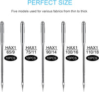 Sewing Machine Needles, 50 PCS Universal Sewing Machine Needle, Compatible with Singer, Brother, Janome, Varmax, Sizes HAX1 65/9, 75/11, 90/14, 100/16, 110/18 (50 PCS)