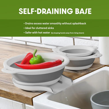 Collapsible Colanders (3 Pack Set) Food Strainers with Over-Sink Water Draining Base for Pasta Fruits and Vegetables (Patent Pending) White (3 Sizes, 3QT, 4QT and 5 Quart)