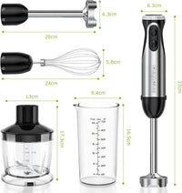 Bonsenkitchen Stainless Steel Hand Blender, 4-in-1 Stick Blender 1000W, 20 Speed Adjustable, with Whisk, 500ml Chopper and 700ml Measuring Cup, Food Processor
