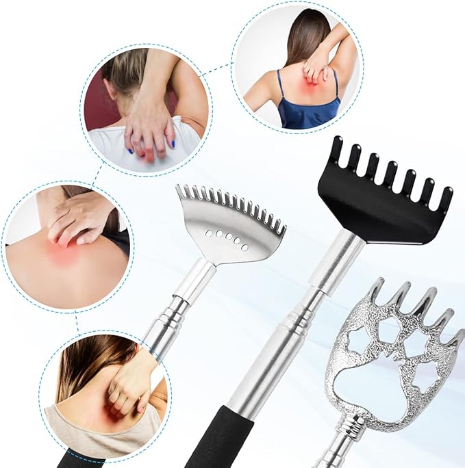 3 Pack Different Back Scratcher Metal Portable Telescoping with Rubber Handles, Extendable Back Massager Tool with Beautiful Box, Stocking Stuffers for Men Women Kids Adults (Black)
