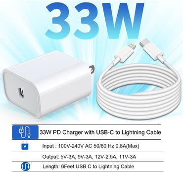 for iPhone Fast Charger, 33W USB C PD Wall Charger Block Plug with[MFi Certified]6ft Type C to Lightning Cable Quick Charging Data Sync Cord for iPhone14 13 12 11 Pro Max Mini Xs Xr iPad Air