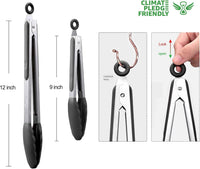 HOTEC Premium Stainless Steel Locking Kitchen Tongs with Silicon Tips, Set of 2-9" and 12"