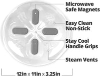 HOVER COVER Magnetic Splatter Cover, 12-Inch Clear BPA-Free Food Lid, Vented Plate Guard with Steam Vents, Anti-Splash Microwave Lid, Dishwasher Safe, Space-Saving Magnetic Storage - Gray