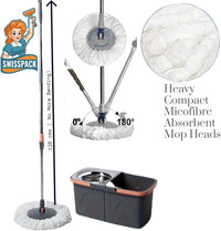 *NEW* SWISSPACK Revolving Spin Mop and Bucket With .5. Extra Pads Perfect For Easy Cleaning. Clean and Dirty Water Separtered For Perfect Finish (ORANGE-GREY) (ORANGE-GREY 1)