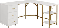 Techni Mobili L Shaped Desk - Two-Toned Computer Desk with Drawers & Storage Shelves - Simple Modern Furniture & Home Office Space Corner Table for Work & Writing