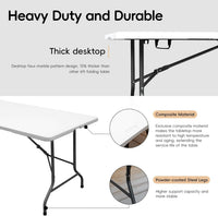 Folding Table 6FT HDPE 6 Foot Foldable Table Portable Banquet Surface Fold-in-Half Desk Utility for Working Meeting Parties, Picnic, Camping, Weddings, Catering, Garden Dining-White
