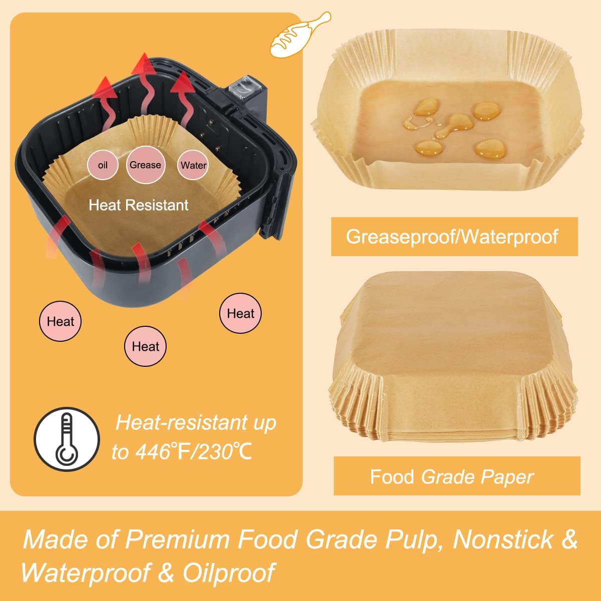 BYKITCHEN Air Fryer Parchment Paper Liner, 50PCS Square Air Fryer Liners Disposable, Greaseproof Paper, Compatible with COSORI, Ninja, Tefal, Russell Hobbs Fryers (Unbleached)