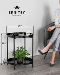 EKNITEY 2 Tier End Table - Metal Side Table Waterproof Small Sofa Coffee Side Tables Bedroom Indoor Outdoor with Removable Tray for Living Room Bedroom Balcony and Office (Black)