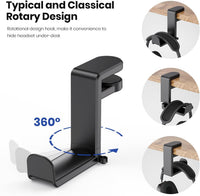 EURPMASK Rotating Headphone Stand - PC Gaming Headset Holder, Adjustable Clamp-on Under Desk Hanger With 360 Degree Swivel & Cable Clip Organizer - Black