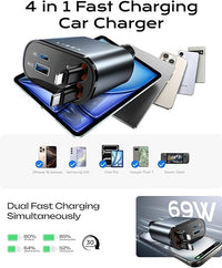 LISEN Retractable Car Charger, Birthday Gifts for Men Tech Gadgets 2026, 69W Cars Adapter USB C Fast Charger for iPhone 17, Car Accessories for Men Women Drivers, for iPhone 17 Pro Max Air 16 15 14 13