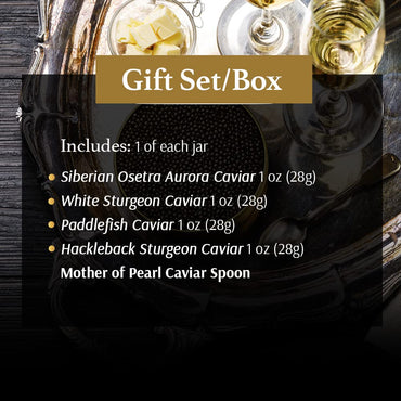 OLMA Classic Caviar Black Caviar Gift Box - Includes 2 oz of Siberian Osetra Aurora, White Sturgeon, Paddlefish, Hackleback Sturgeon Fish Roe & Mother of Pearl Serving Spoon - Overnight Delivery