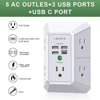 USB Wall Charger, Surge Protector, QINLIANF 5 Outlet Extender with 4 USB Charging Ports (4.8A Total) 3-Sided 1680J Power Strip Multi Plug Outlets Wall Adapter Spaced for Home Travel Office(2U2C),White