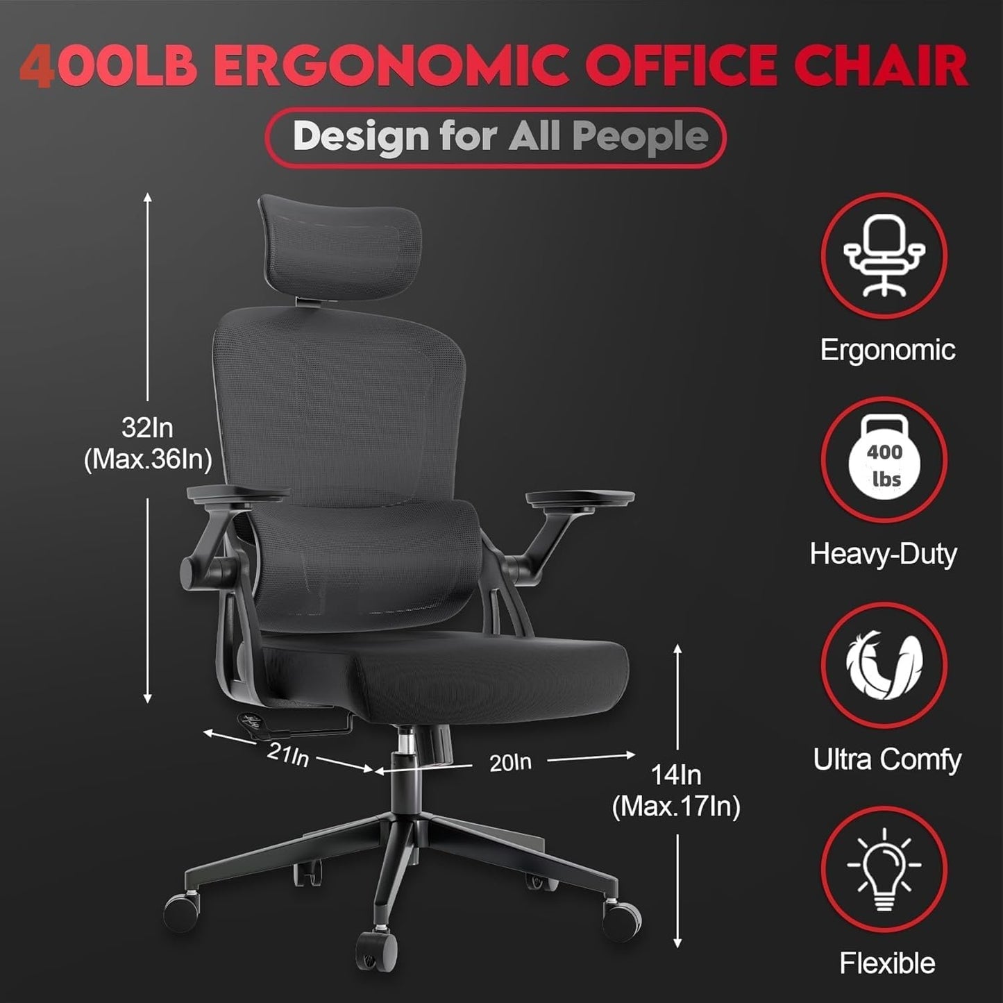 Ergonomic Office Chair - 400LB Comfy Desk Chairs with Adjustable Headrest and Lumbar Back Support, Mesh Computer Chairs with Wheels and Arms for Home Office, Study, Bedroom and Dorm