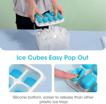 DOQAUS Ice Cube Tray with Lid and Bin - 4 Pack Silicone Ice Cube Trays for Freezer, Stackable Ice Bucket Kits with Storage Container & Scoop for Kitchen, RV, Cocktail, Coffee