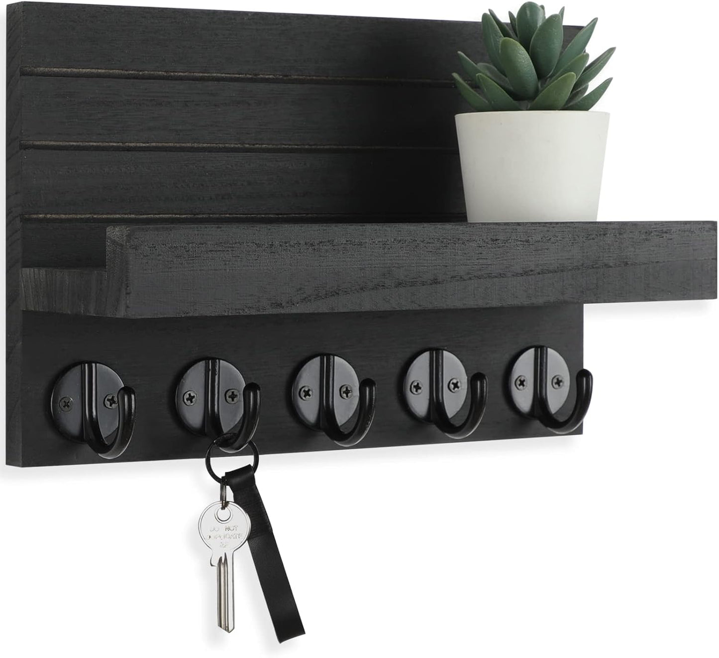Wall Key Holder with Shelf, Hooks for Bags & Coats, Paulownia Wood, 9.8 x 6.7 x 4.2 - Cart Shape