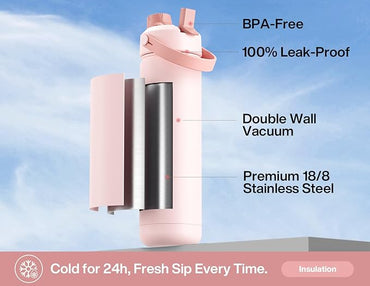26 oz Insulated Water Bottle with 2-in-1 Straw and Spout Lid, Keep Cold 24H, Leak-Proof, Fits in Car Cup Holder, Stainless Steel Water Bottle for Sports, Travel, and School (Cotton Candy)