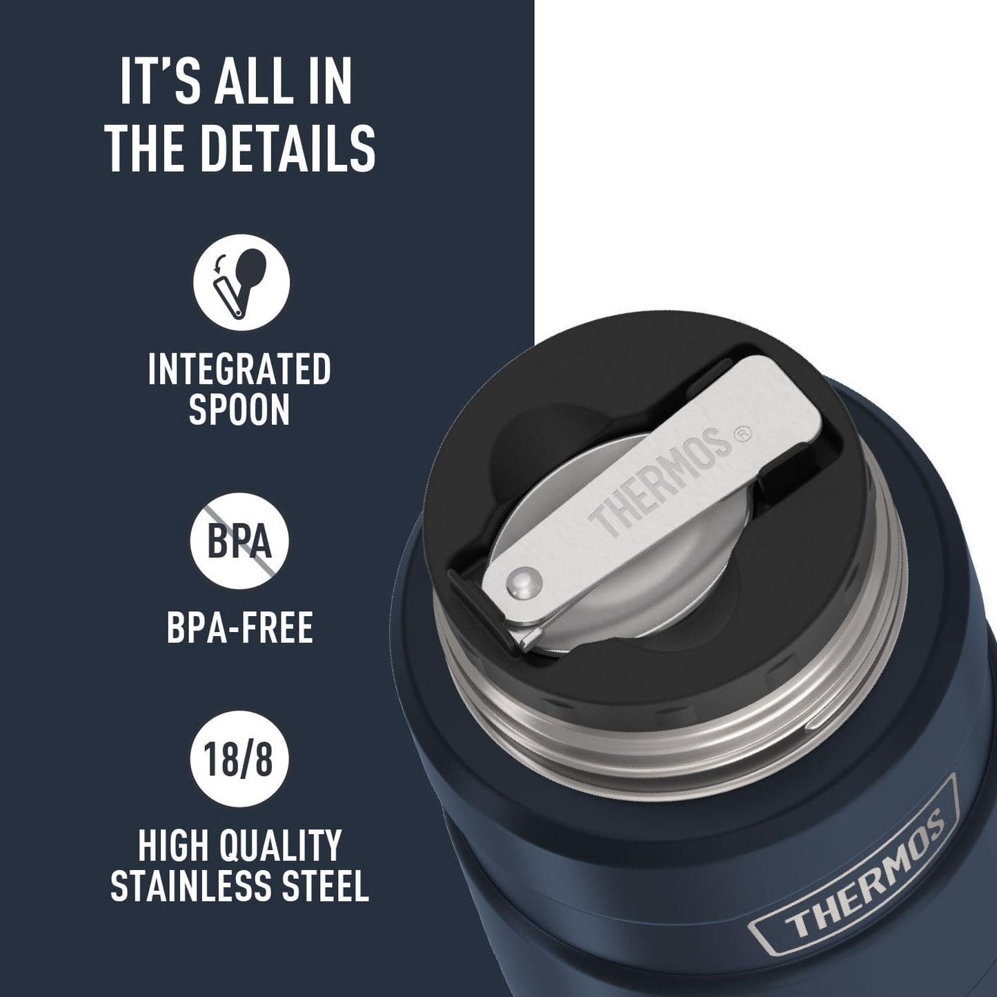 THERMOS Stainless King Vacuum-Insulated Food Jar with Spoon, 16 Ounce, Midnight Blue