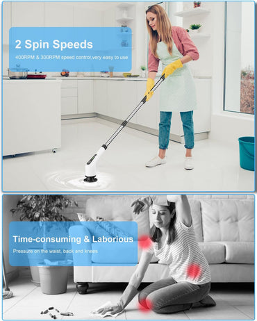 Leebein Electric Spin Scrubber, Cordless Cleaning Brush with 8 Replaceable Brush Heads, Extendable Long Handle Bathroom Cleaning Scrubber, 300/400RPM Spin Scrubber for Bathroom Kitchen Floor Tile