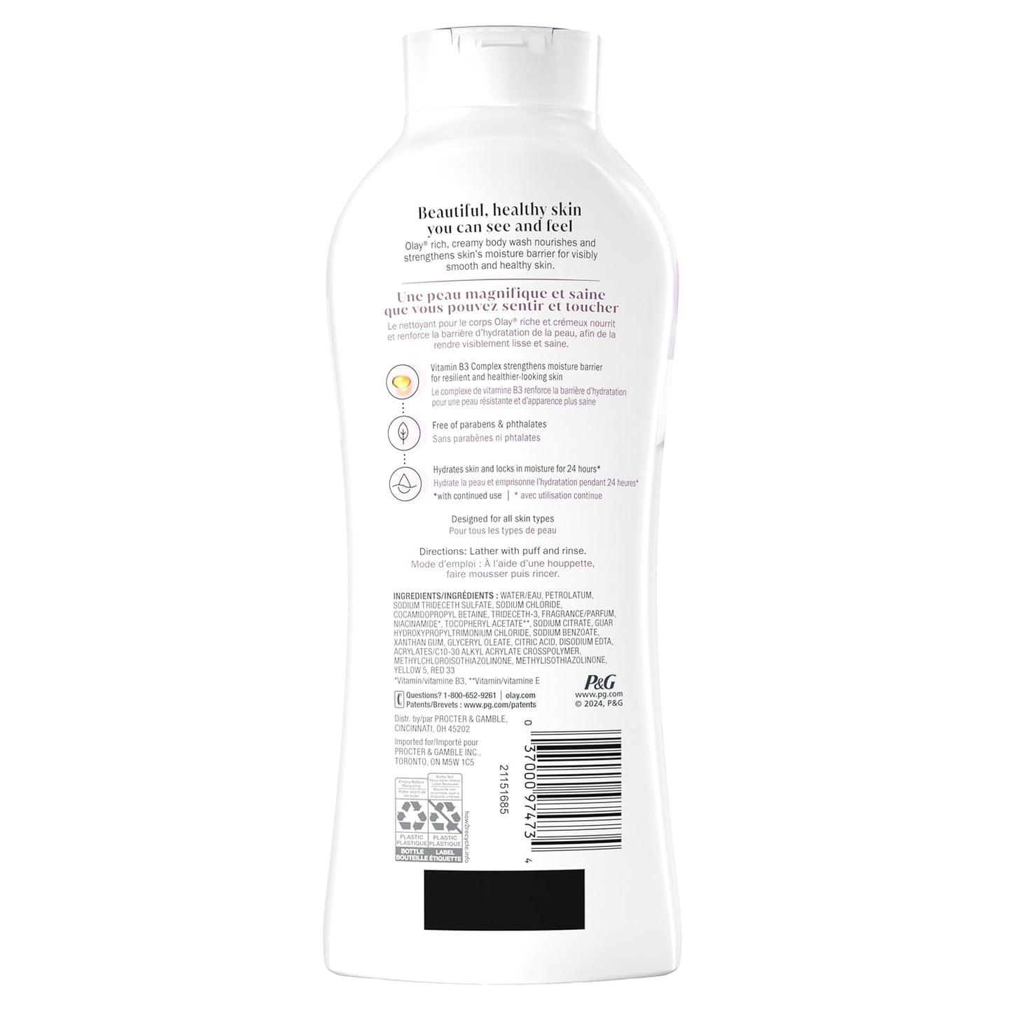 Olay Body Wash for Women, Age Defying with Vitamin E, 24hr Moisturizing, Hydrating & Refreshing, B3 Vitamin Complex, Free of Parabens & Phthalates, For All Skin Types, Scented, 22 fl oz (Pack of 2)