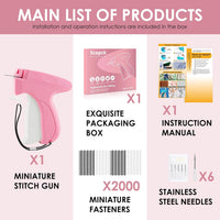 Handheld Stitch Tag Gun for Clothes, Quick Clothing Fixer, Tagging, Sewing Kit Includes 6 Needle, 1000 Black Fasteners & 1000 White Fasteners, Pink