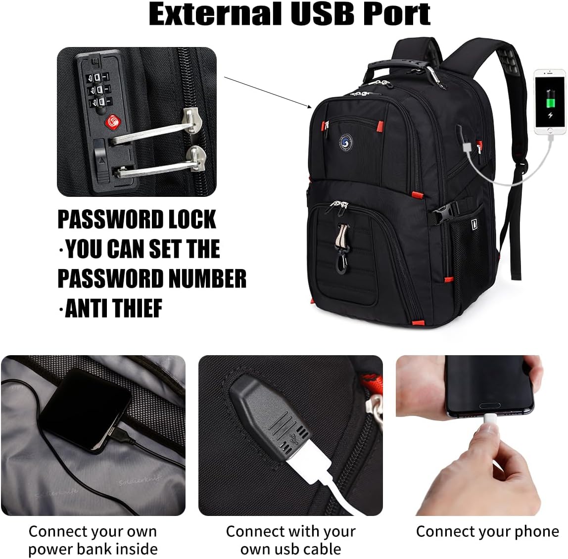 SHRRADOO Extra Large 50L Travel Laptop Backpack with USB Charging Port, College High School Backpack Airline Approved Business Work Bag Fits 17 Inch Computer for Men Women