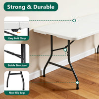 Folding Table 6ft - Heavy Duty Plastic Table with Handle, Foldable & Portable, Fold-in-Half Utility Tables for Outdoor, Dining, Wedding, Events, Indoor, Picnic, Camping, Party (White)