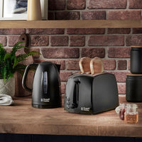 Russell Hobbs Textures 2 Slice Toaster (Extra Wide Slots, 6 Browning levels, Frozen, cancel & reheat function with indicator lights, Removable crumb tray, 850W, Black matt & high gloss finish)